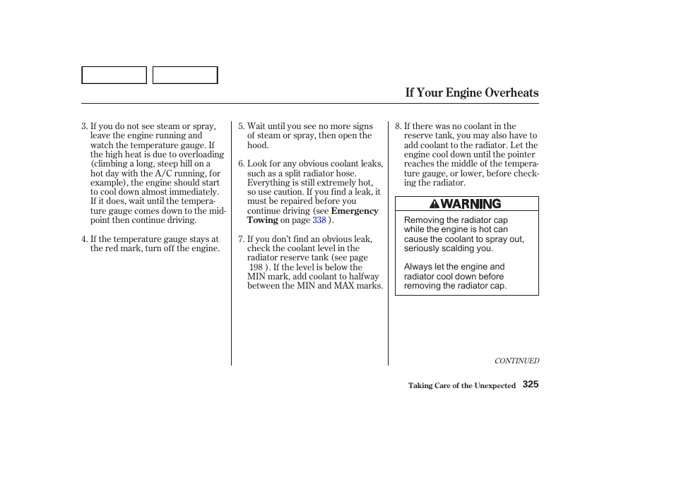 If your engine overheats | HONDA 2002 Accord Coupe - Owner's Manual User Manual | Page 328 / 375