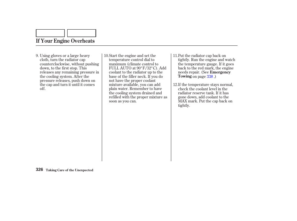 If your engine overheats | HONDA 2002 Accord Coupe - Owner's Manual User Manual | Page 329 / 375