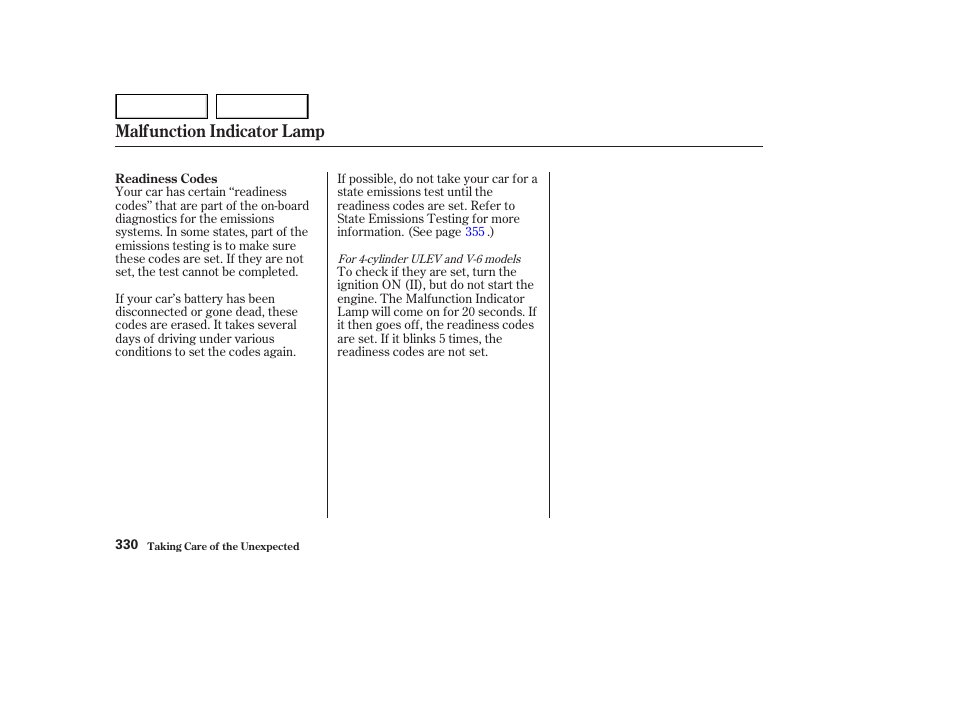 Malfunction indicator lamp | HONDA 2002 Accord Coupe - Owner's Manual User Manual | Page 333 / 375