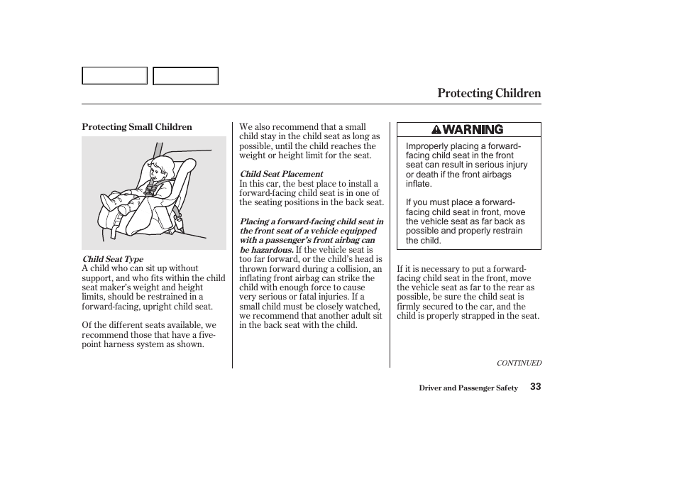 Protecting children | HONDA 2002 Accord Coupe - Owner's Manual User Manual | Page 36 / 375