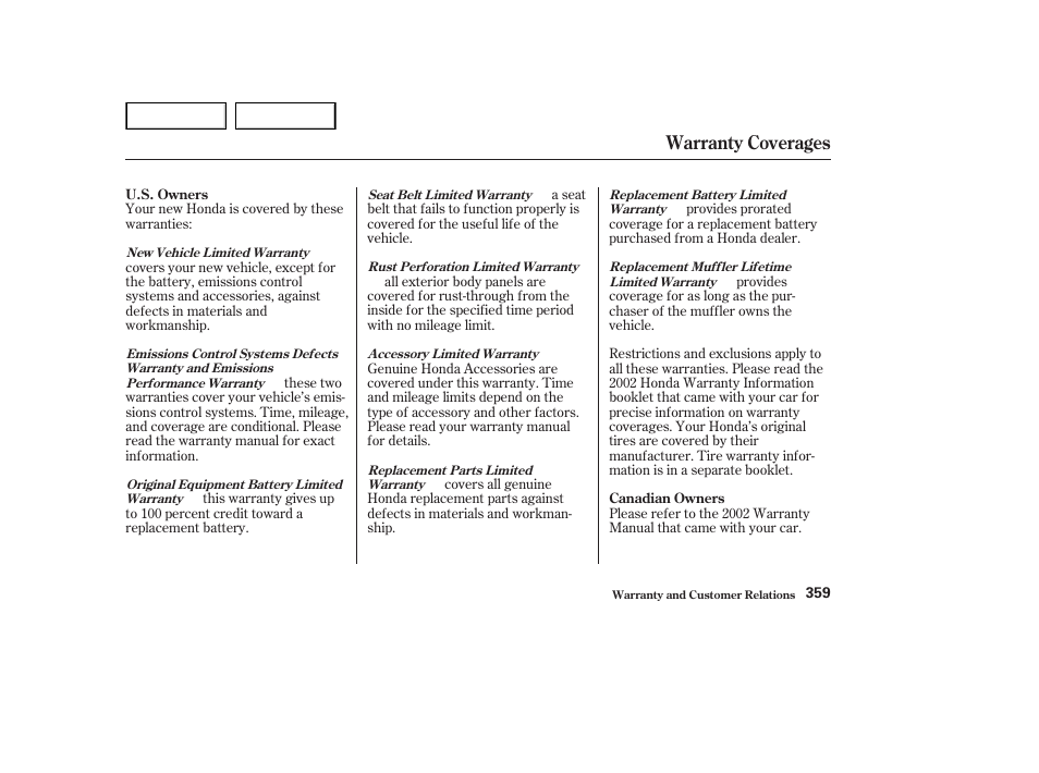 Warranty coverages | HONDA 2002 Accord Coupe - Owner's Manual User Manual | Page 362 / 375