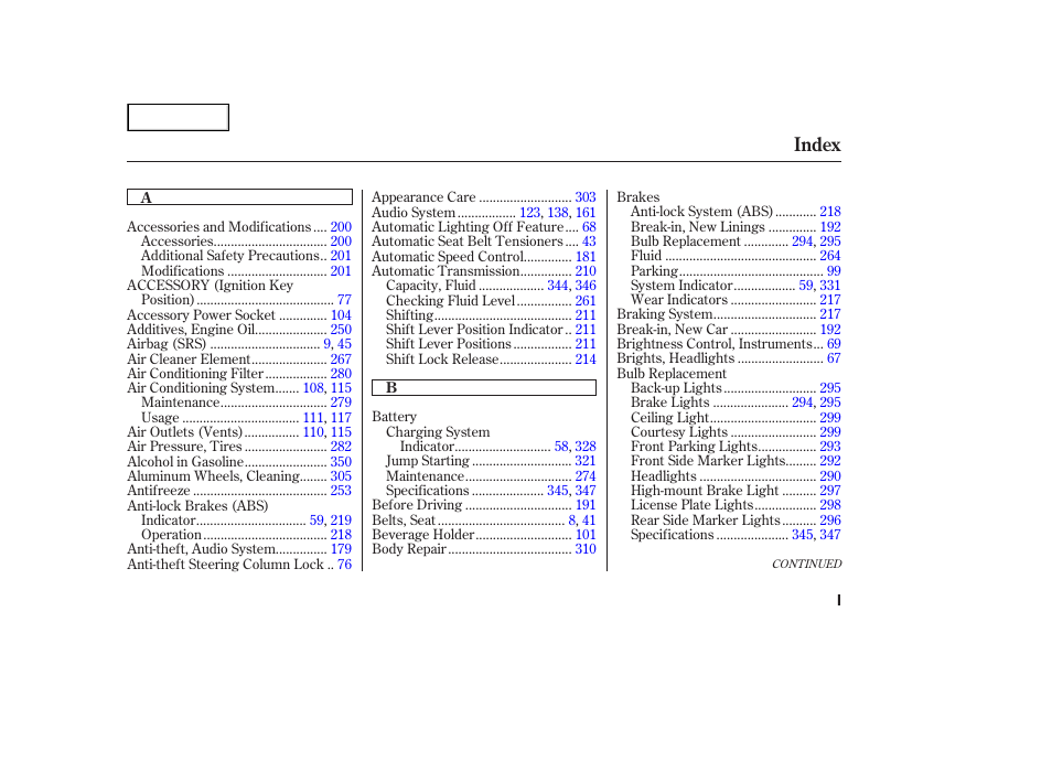 Index | HONDA 2002 Accord Coupe - Owner's Manual User Manual | Page 366 / 375