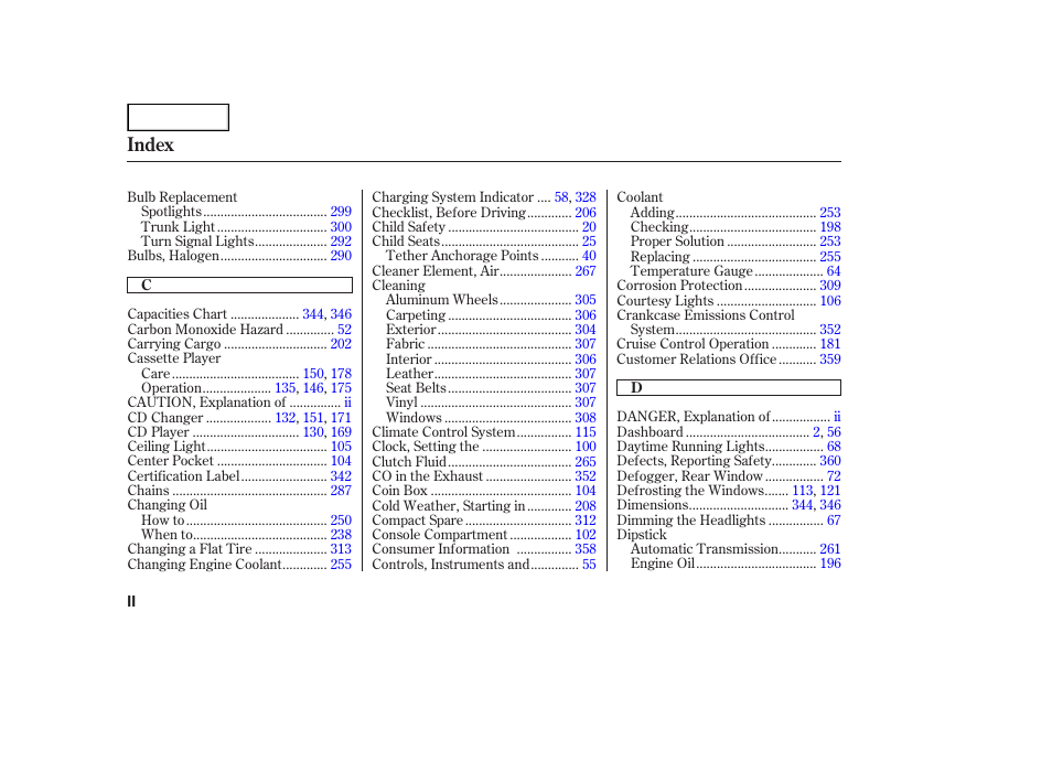 Index | HONDA 2002 Accord Coupe - Owner's Manual User Manual | Page 367 / 375