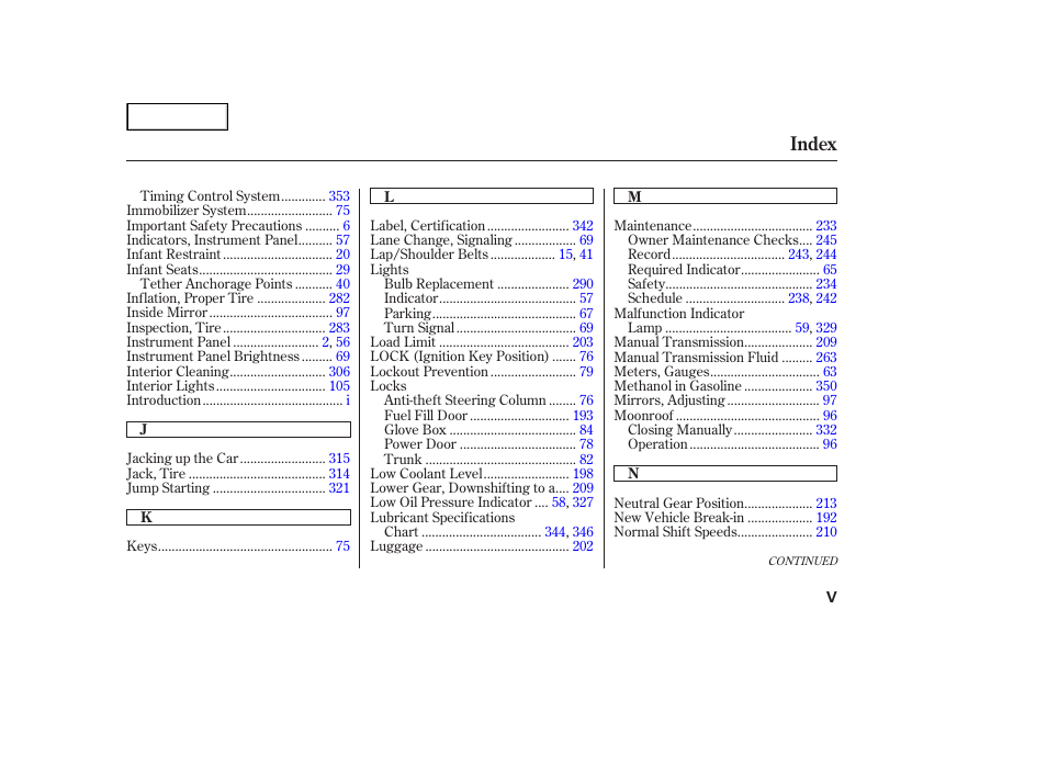 Index | HONDA 2002 Accord Coupe - Owner's Manual User Manual | Page 370 / 375