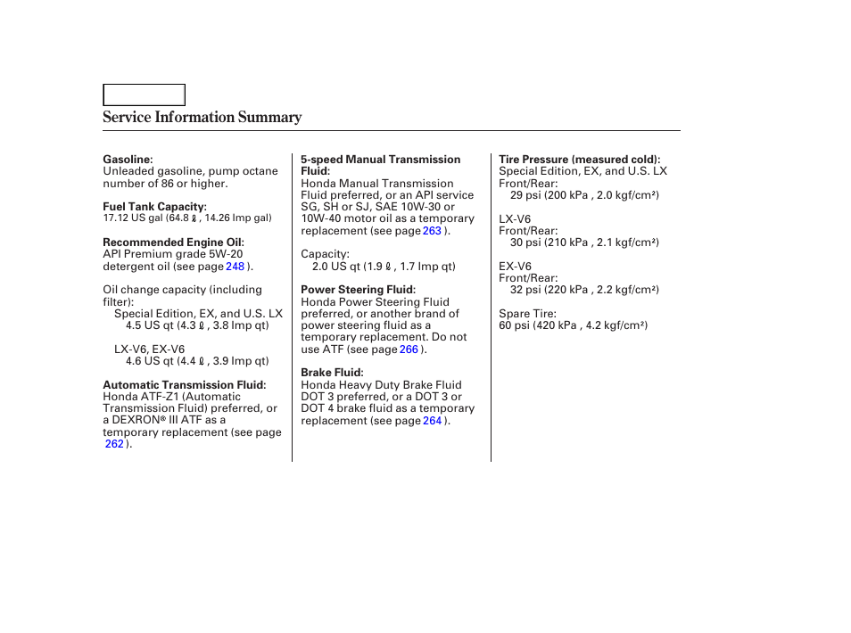 Service information summary | HONDA 2002 Accord Coupe - Owner's Manual User Manual | Page 375 / 375