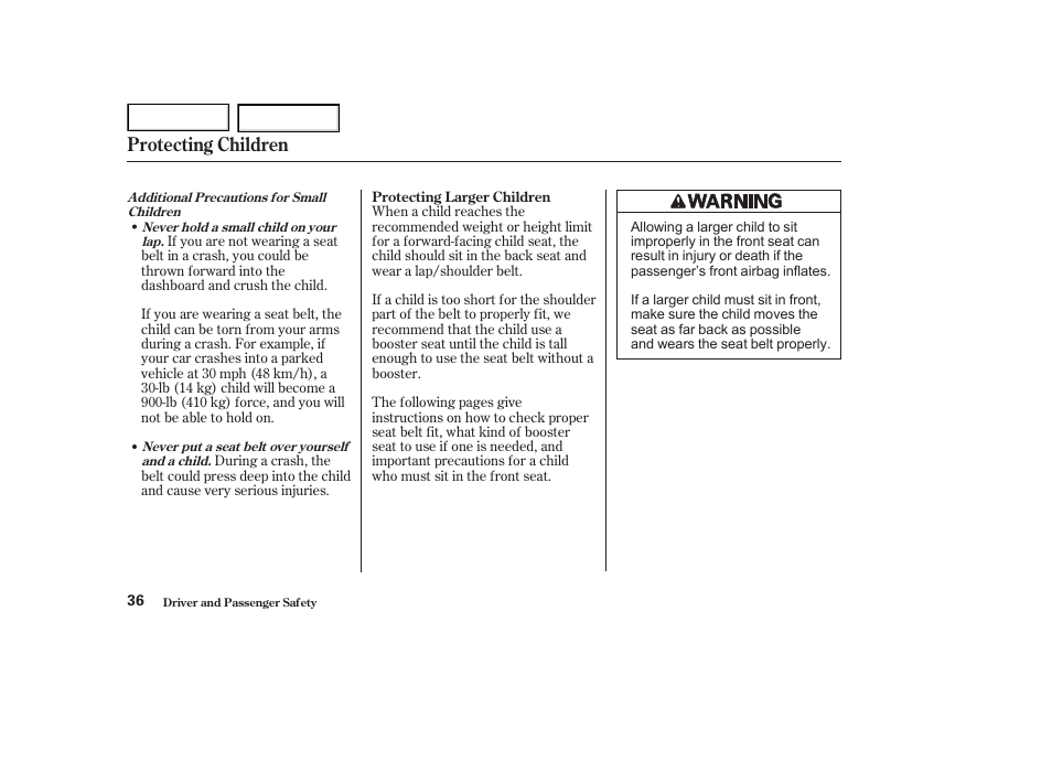 Protecting children | HONDA 2002 Accord Coupe - Owner's Manual User Manual | Page 39 / 375