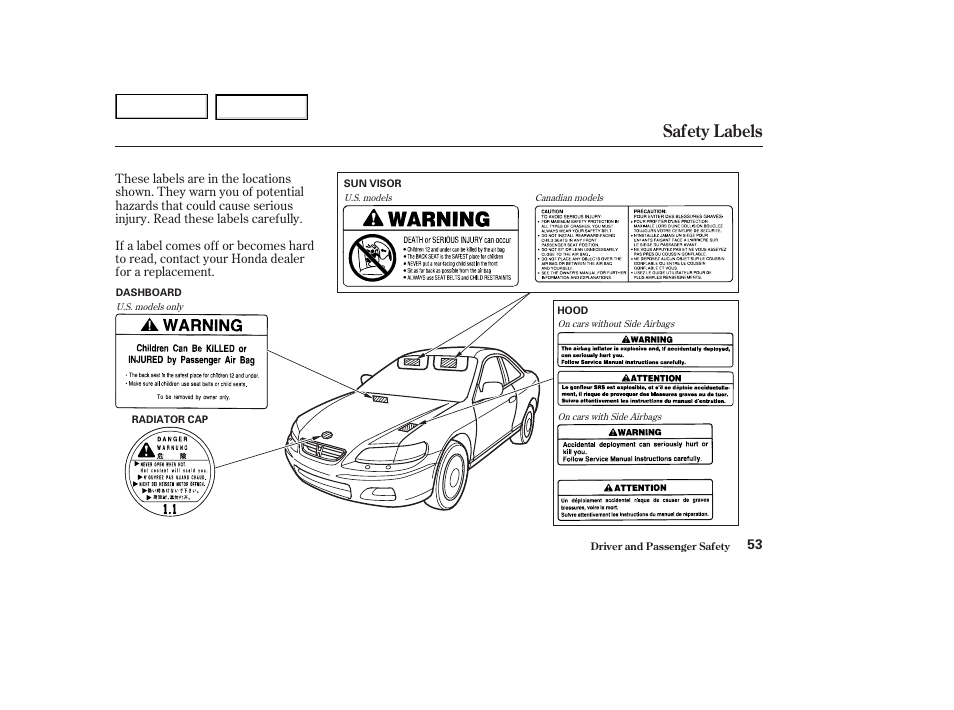 Safety labels | HONDA 2002 Accord Coupe - Owner's Manual User Manual | Page 56 / 375