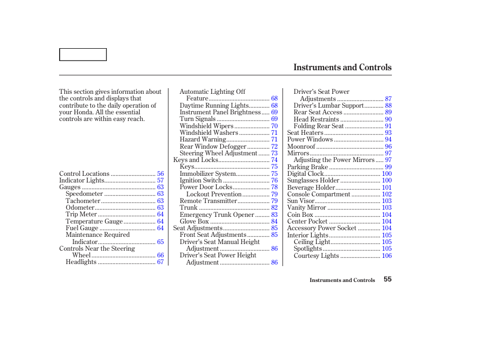 Instruments and controls | HONDA 2002 Accord Coupe - Owner's Manual User Manual | Page 58 / 375