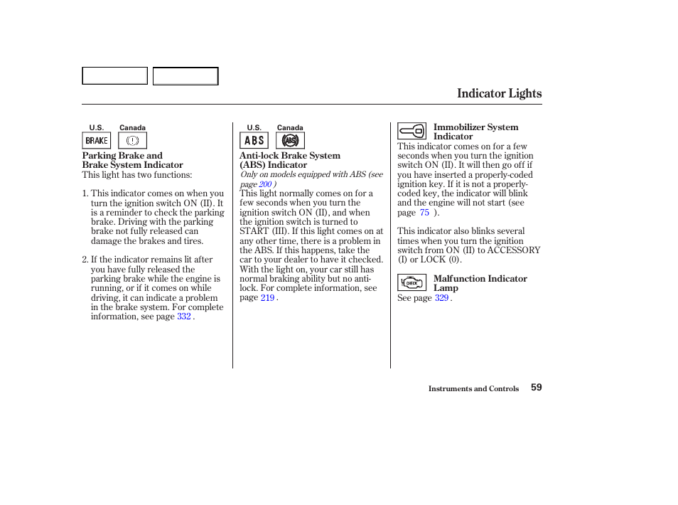 Indicator lights | HONDA 2002 Accord Coupe - Owner's Manual User Manual | Page 62 / 375