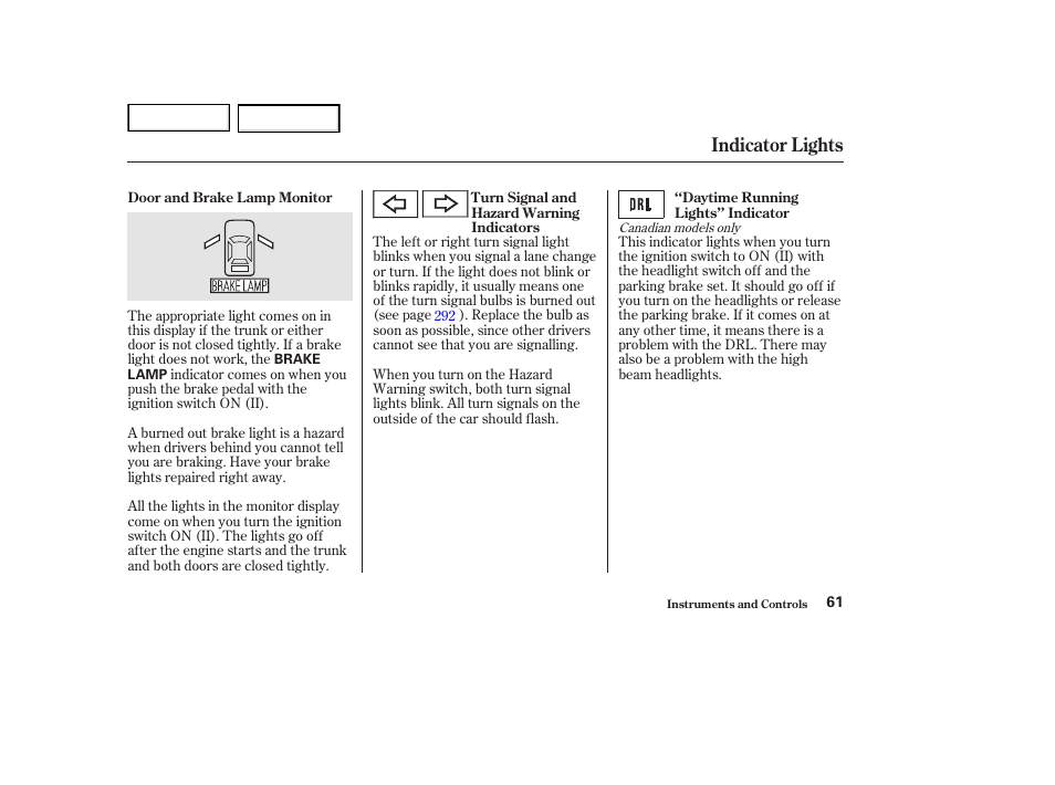 Indicator lights | HONDA 2002 Accord Coupe - Owner's Manual User Manual | Page 64 / 375