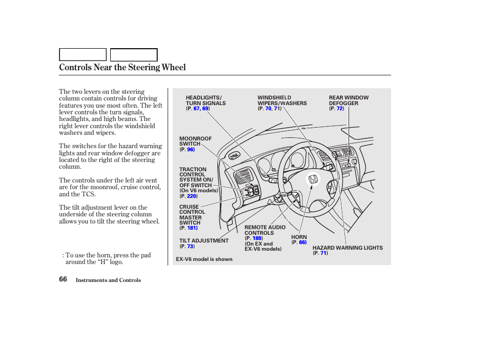 Controls near the steering wheel | HONDA 2002 Accord Coupe - Owner's Manual User Manual | Page 69 / 375