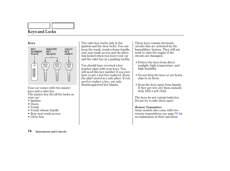 Keys and locks | HONDA 2002 Accord Coupe - Owner's Manual User Manual | Page 77 / 375