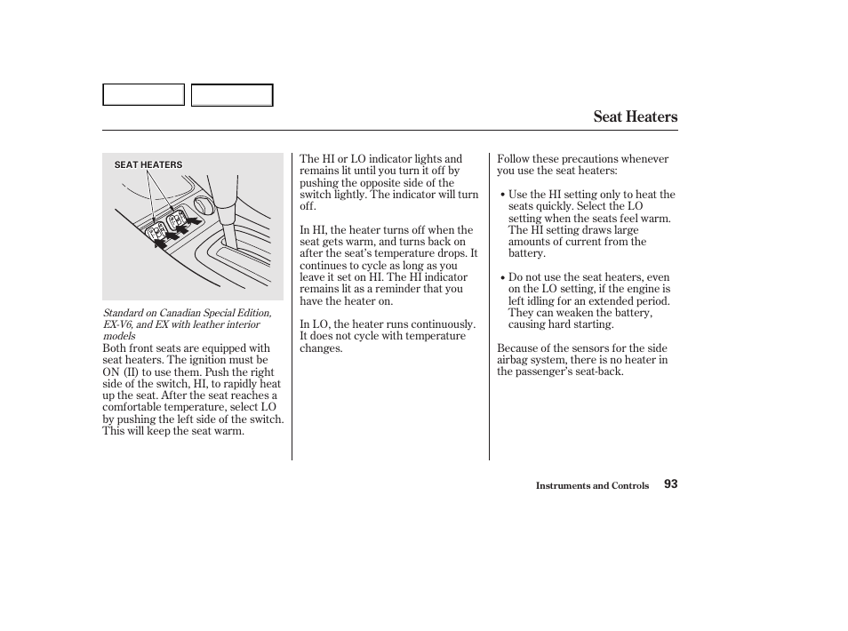 Seat heaters | HONDA 2002 Accord Coupe - Owner's Manual User Manual | Page 96 / 375