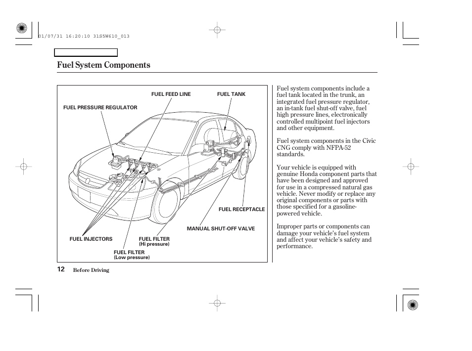 Fuel system components | HONDA 2002 Civic GX - Owner's Manual User Manual | Page 13 / 49