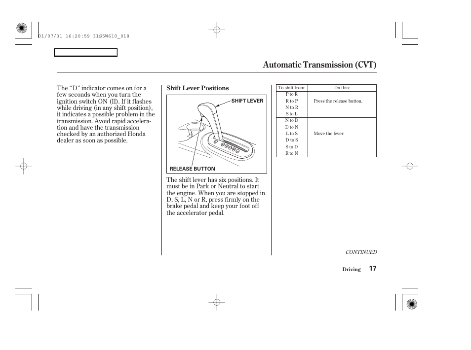 Automatic transmission (cvt) | HONDA 2002 Civic GX - Owner's Manual User Manual | Page 18 / 49