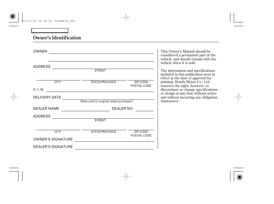 Cv0202ownridb, Owner's identification form, Owner’s identification | HONDA 2002 Civic GX - Owner's Manual User Manual | Page 2 / 49
