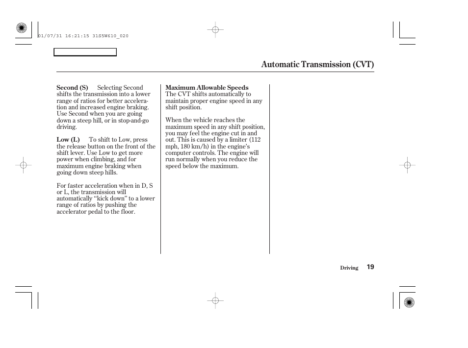 Automatic transmission (cvt) | HONDA 2002 Civic GX - Owner's Manual User Manual | Page 20 / 49