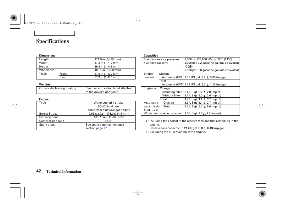 Cv0202o00042b, Specifications | HONDA 2002 Civic GX - Owner's Manual User Manual | Page 43 / 49