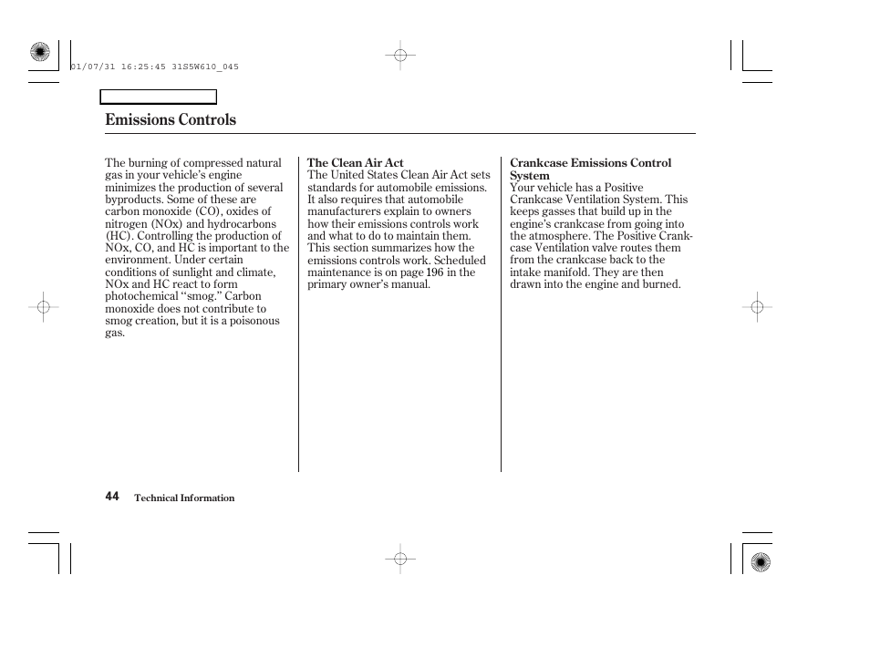 Emissions controls | HONDA 2002 Civic GX - Owner's Manual User Manual | Page 45 / 49