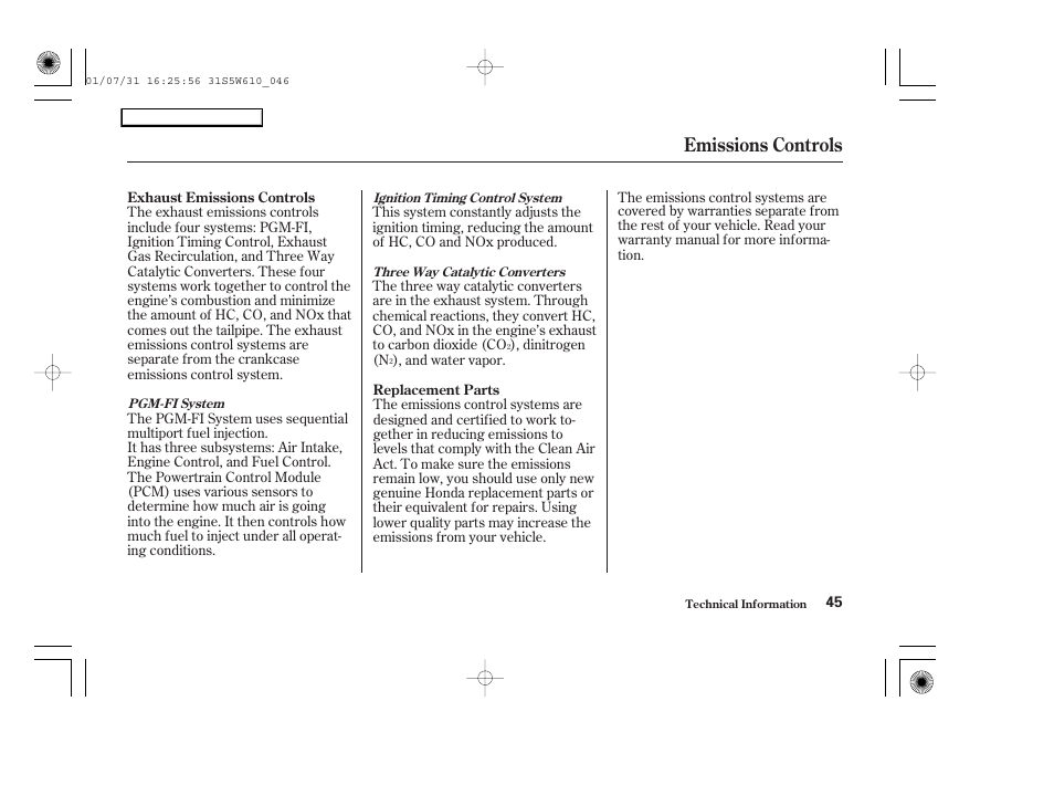 Emissions controls | HONDA 2002 Civic GX - Owner's Manual User Manual | Page 46 / 49