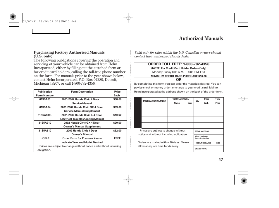 Cv0202o00047b, Authorized manuals | HONDA 2002 Civic GX - Owner's Manual User Manual | Page 48 / 49