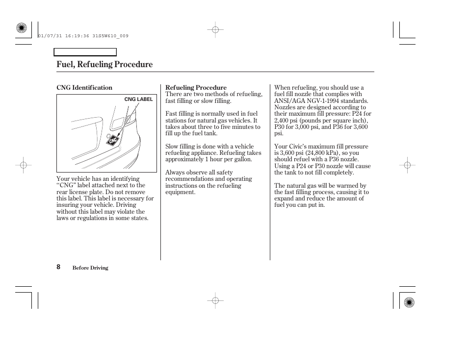 Fuel, refueling procedure | HONDA 2002 Civic GX - Owner's Manual User Manual | Page 9 / 49