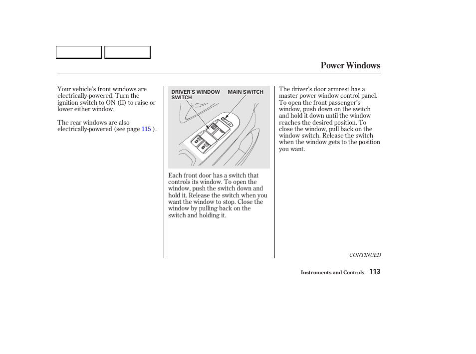 Power windows | HONDA 2002 Odyssey - Owner's Manual User Manual | Page 116 / 399