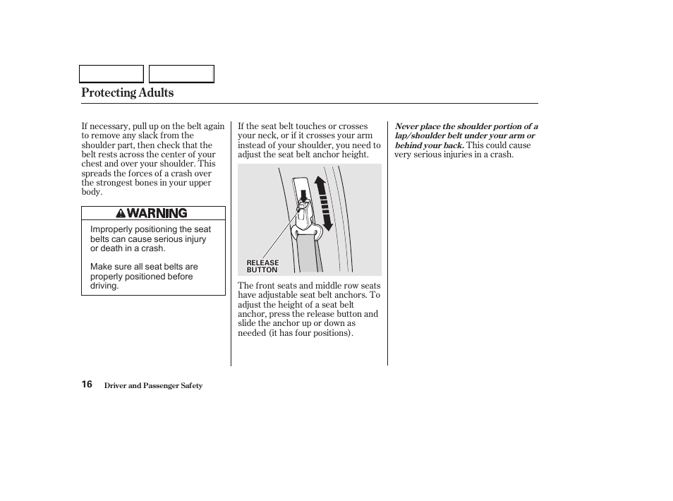 Protecting adults | HONDA 2002 Odyssey - Owner's Manual User Manual | Page 19 / 399