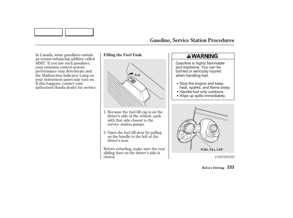 Gasoline, service station procedures | HONDA 2002 Odyssey - Owner's Manual User Manual | Page 236 / 399