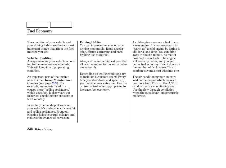 Fuel economy | HONDA 2002 Odyssey - Owner's Manual User Manual | Page 241 / 399