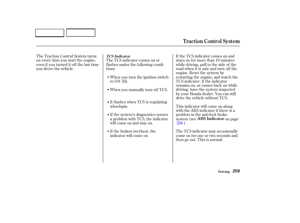 Traction control system | HONDA 2002 Odyssey - Owner's Manual User Manual | Page 262 / 399