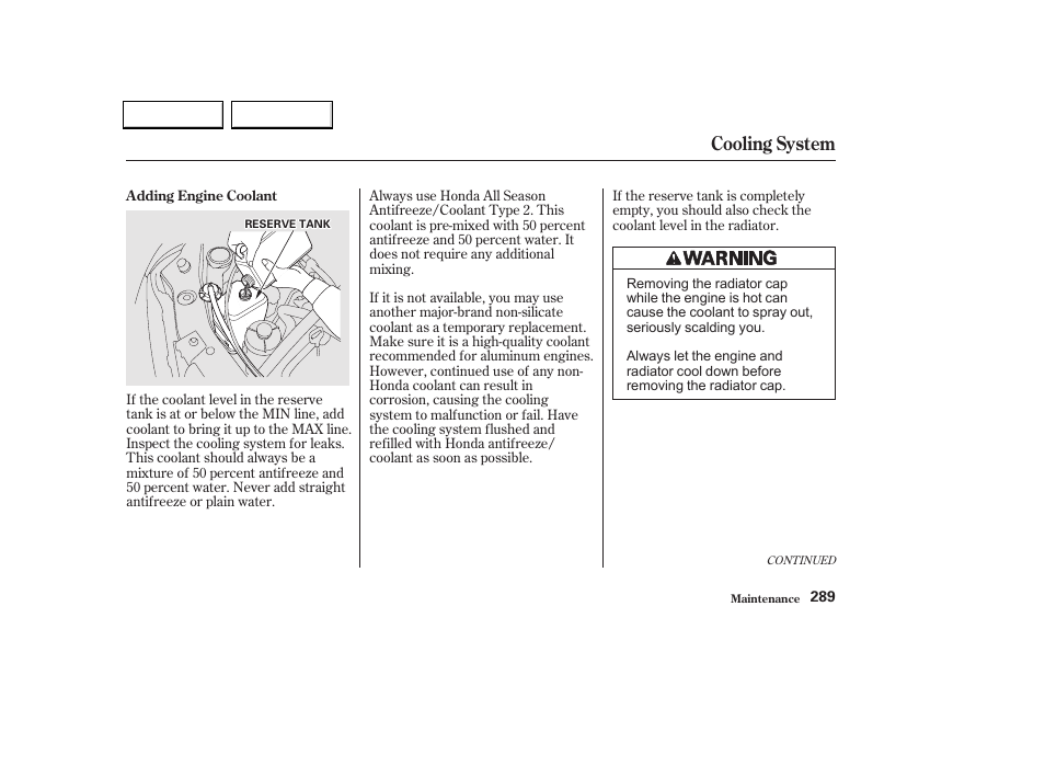 Cooling system | HONDA 2002 Odyssey - Owner's Manual User Manual | Page 292 / 399