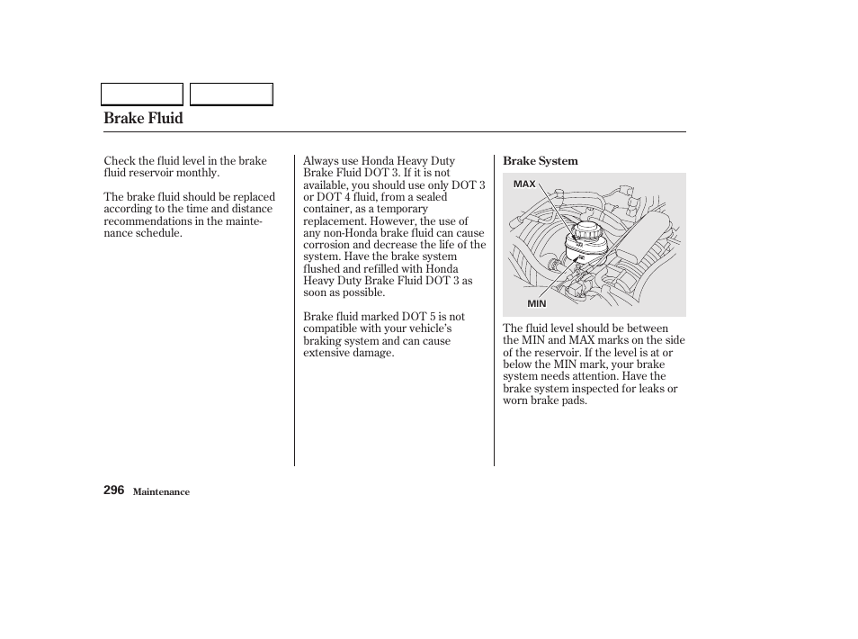 Brake fluid | HONDA 2002 Odyssey - Owner's Manual User Manual | Page 299 / 399