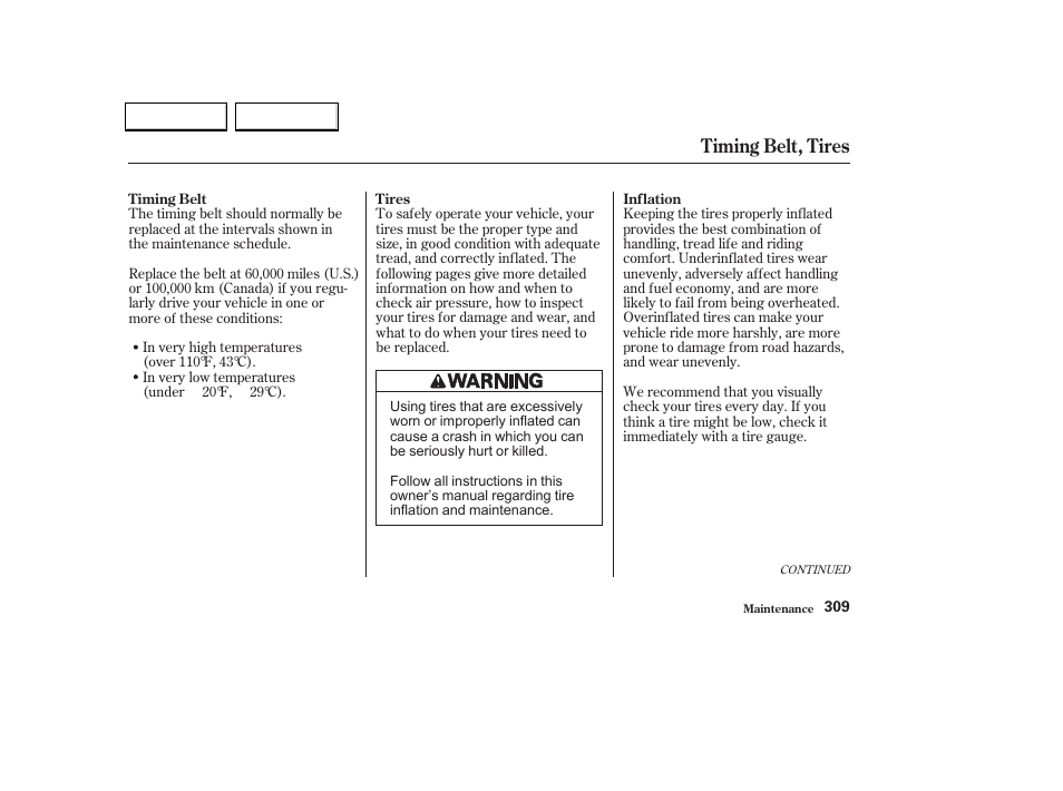 Timing belt, tires | HONDA 2002 Odyssey - Owner's Manual User Manual | Page 312 / 399