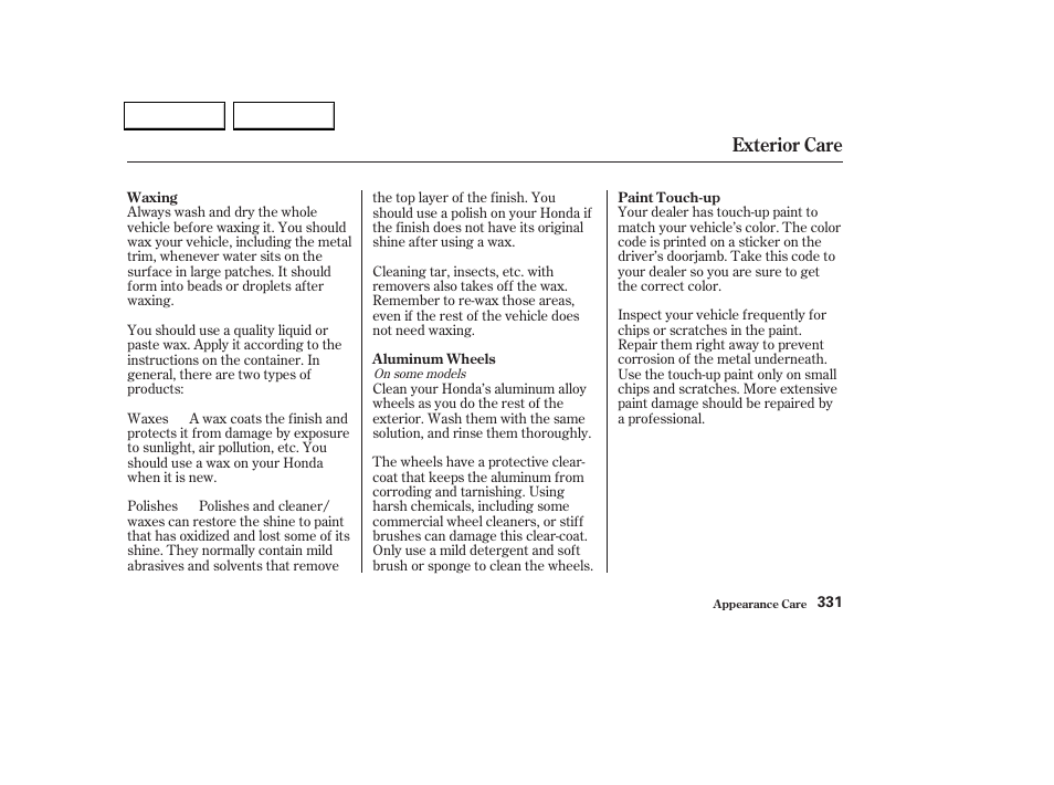 Exterior care | HONDA 2002 Odyssey - Owner's Manual User Manual | Page 334 / 399