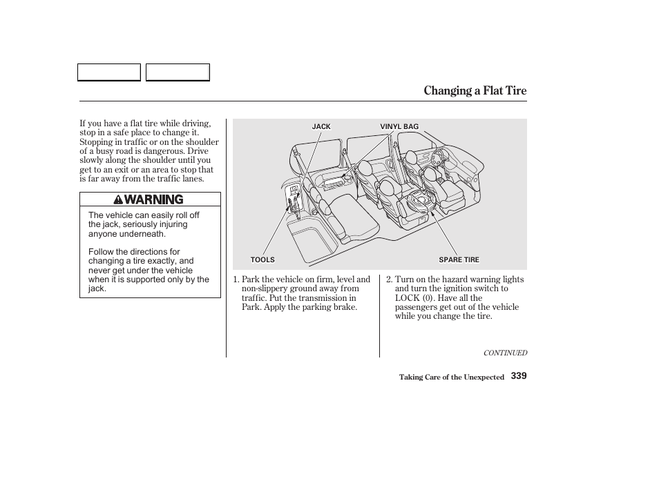 Changing a flat tire | HONDA 2002 Odyssey - Owner's Manual User Manual | Page 342 / 399