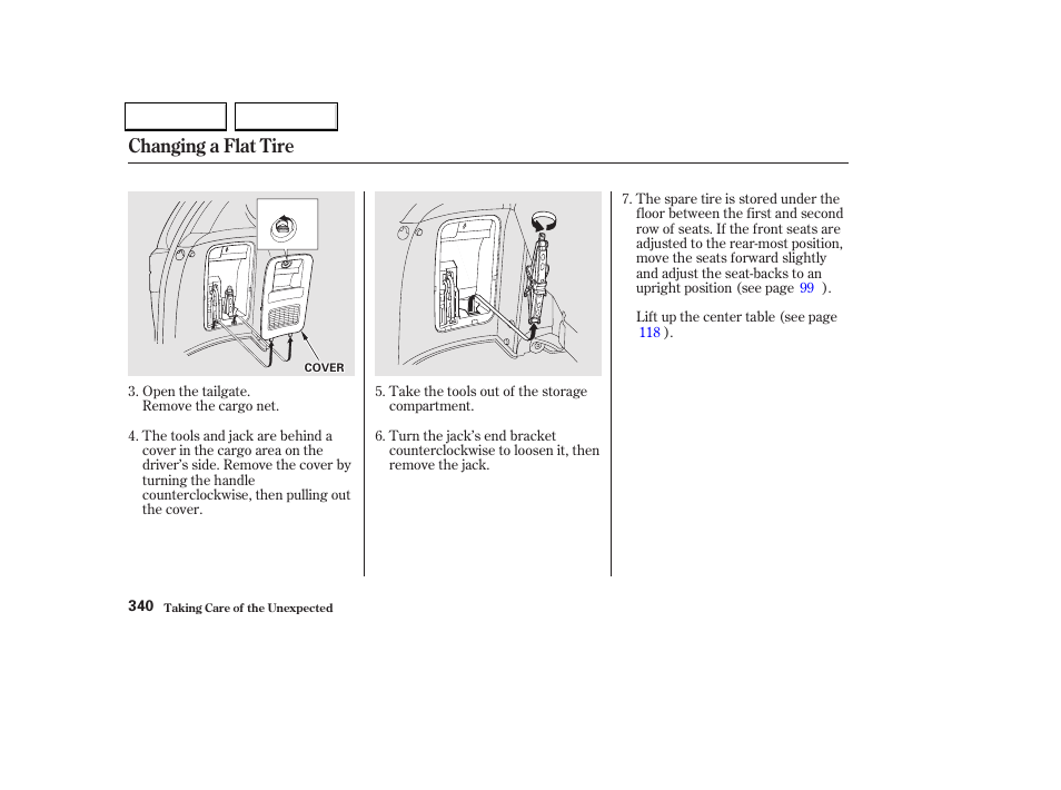 Changing a flat tire | HONDA 2002 Odyssey - Owner's Manual User Manual | Page 343 / 399