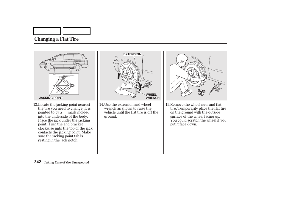 Changing a flat tire | HONDA 2002 Odyssey - Owner's Manual User Manual | Page 345 / 399