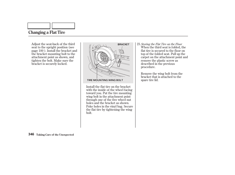 Changing a flat tire | HONDA 2002 Odyssey - Owner's Manual User Manual | Page 349 / 399