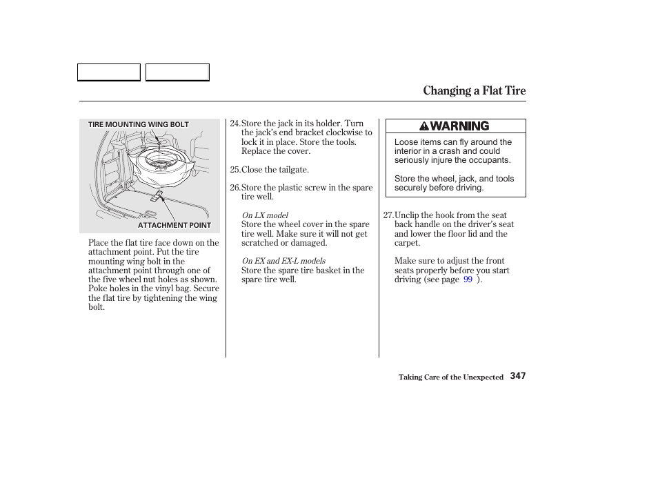 Changing a flat tire | HONDA 2002 Odyssey - Owner's Manual User Manual | Page 350 / 399