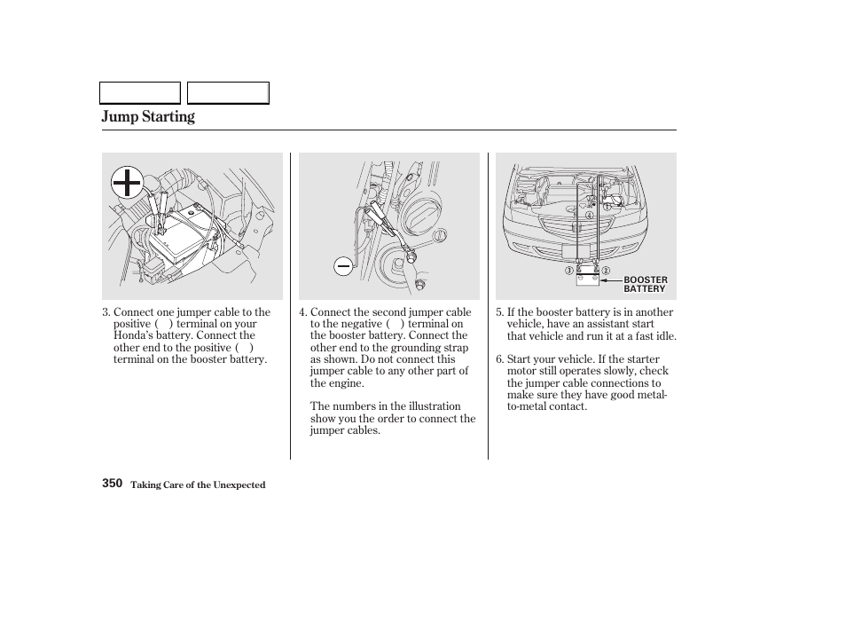 Jump starting | HONDA 2002 Odyssey - Owner's Manual User Manual | Page 353 / 399