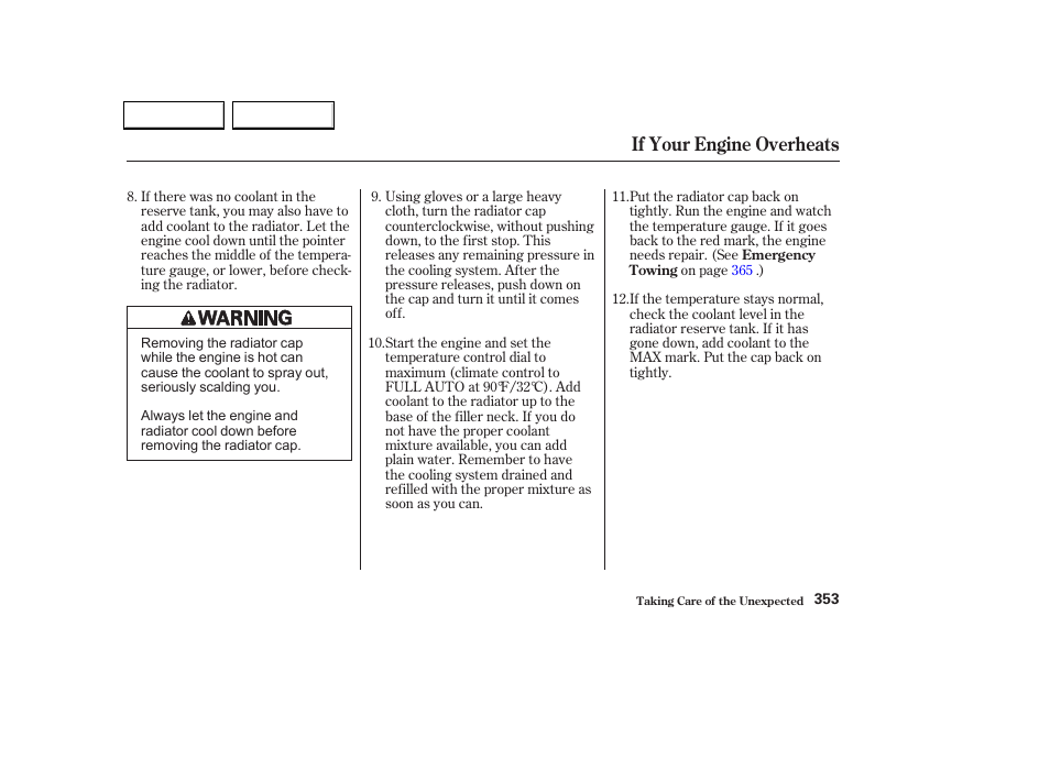 If your engine overheats | HONDA 2002 Odyssey - Owner's Manual User Manual | Page 356 / 399