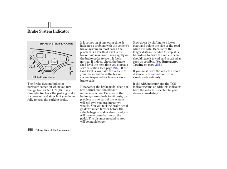 Brake system indicator | HONDA 2002 Odyssey - Owner's Manual User Manual | Page 361 / 399