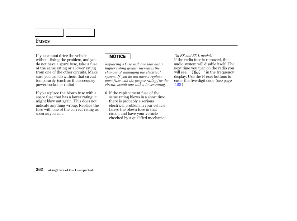 Fuses | HONDA 2002 Odyssey - Owner's Manual User Manual | Page 365 / 399