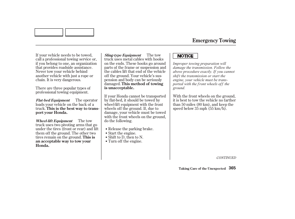 Emergency towing | HONDA 2002 Odyssey - Owner's Manual User Manual | Page 368 / 399