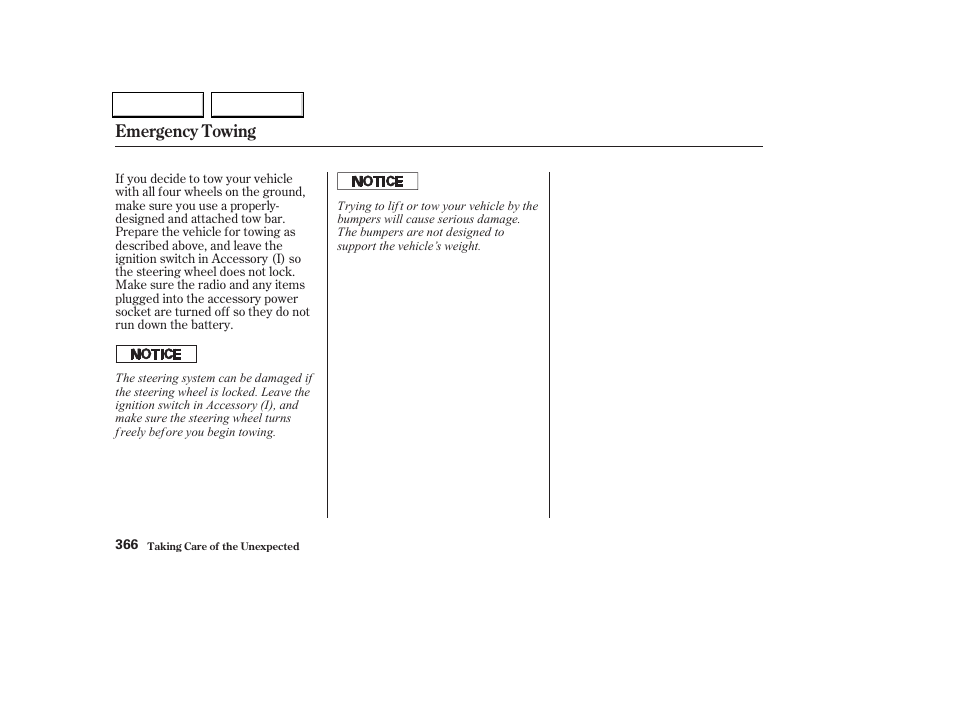 Emergency towing | HONDA 2002 Odyssey - Owner's Manual User Manual | Page 369 / 399