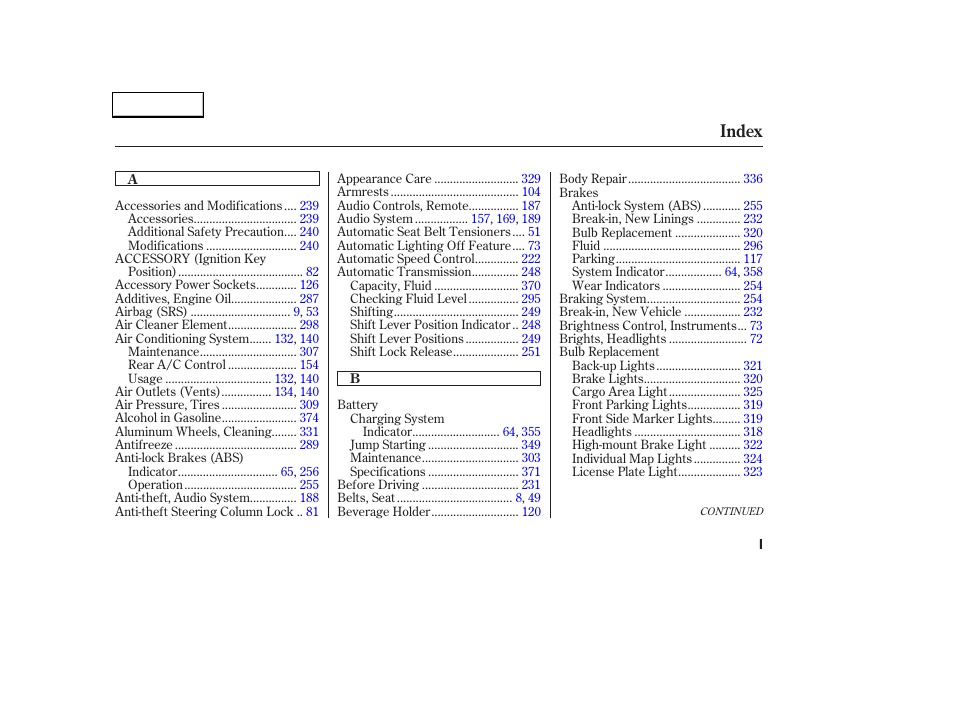 Index | HONDA 2002 Odyssey - Owner's Manual User Manual | Page 390 / 399