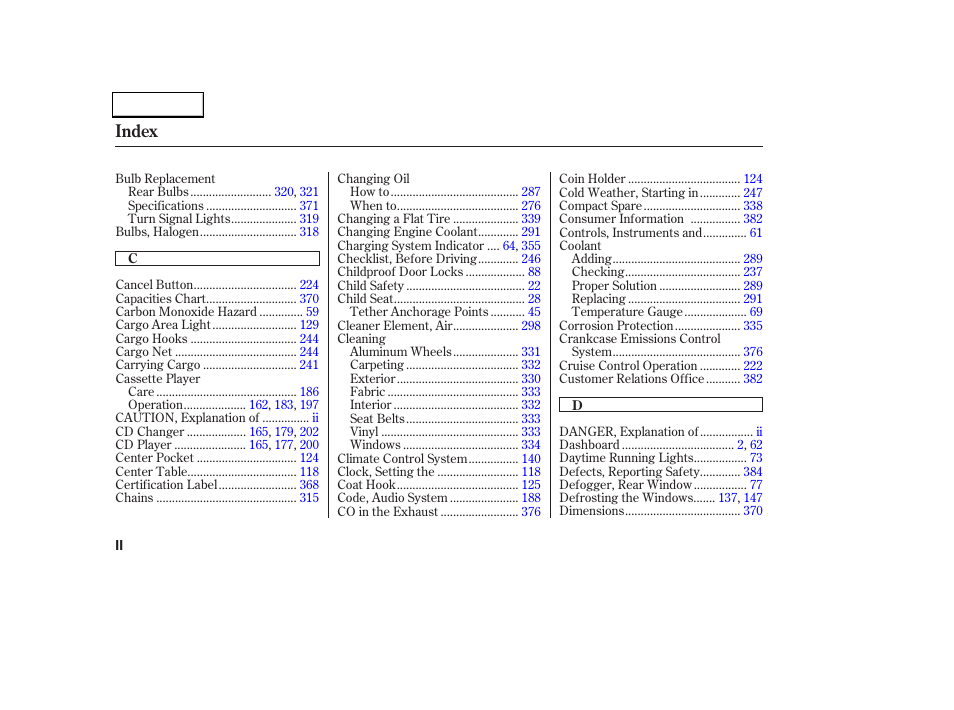 Index | HONDA 2002 Odyssey - Owner's Manual User Manual | Page 391 / 399