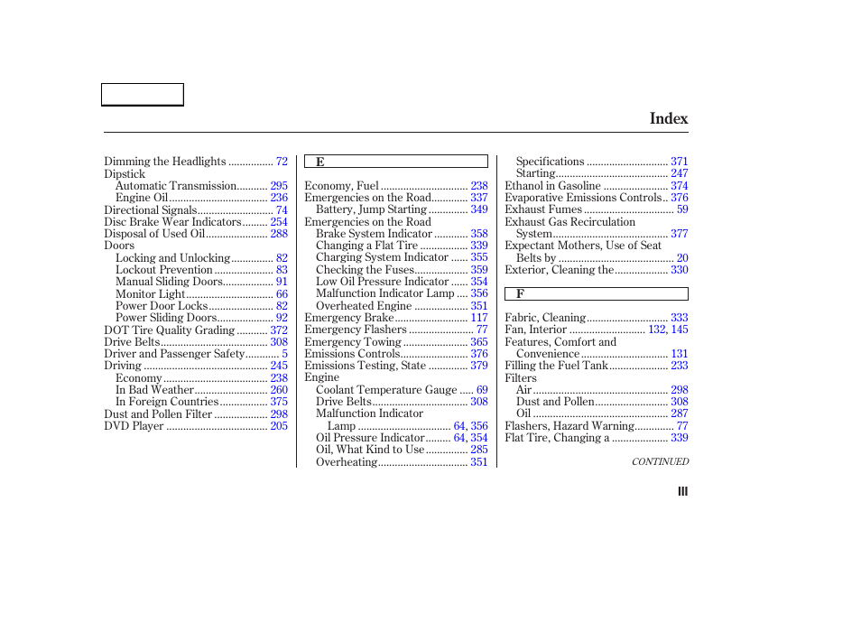 Index | HONDA 2002 Odyssey - Owner's Manual User Manual | Page 392 / 399