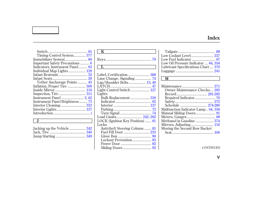 Index | HONDA 2002 Odyssey - Owner's Manual User Manual | Page 394 / 399